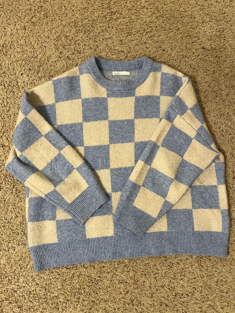 OAK + FORT Checkered Crewneck in Light Blue and Cream
